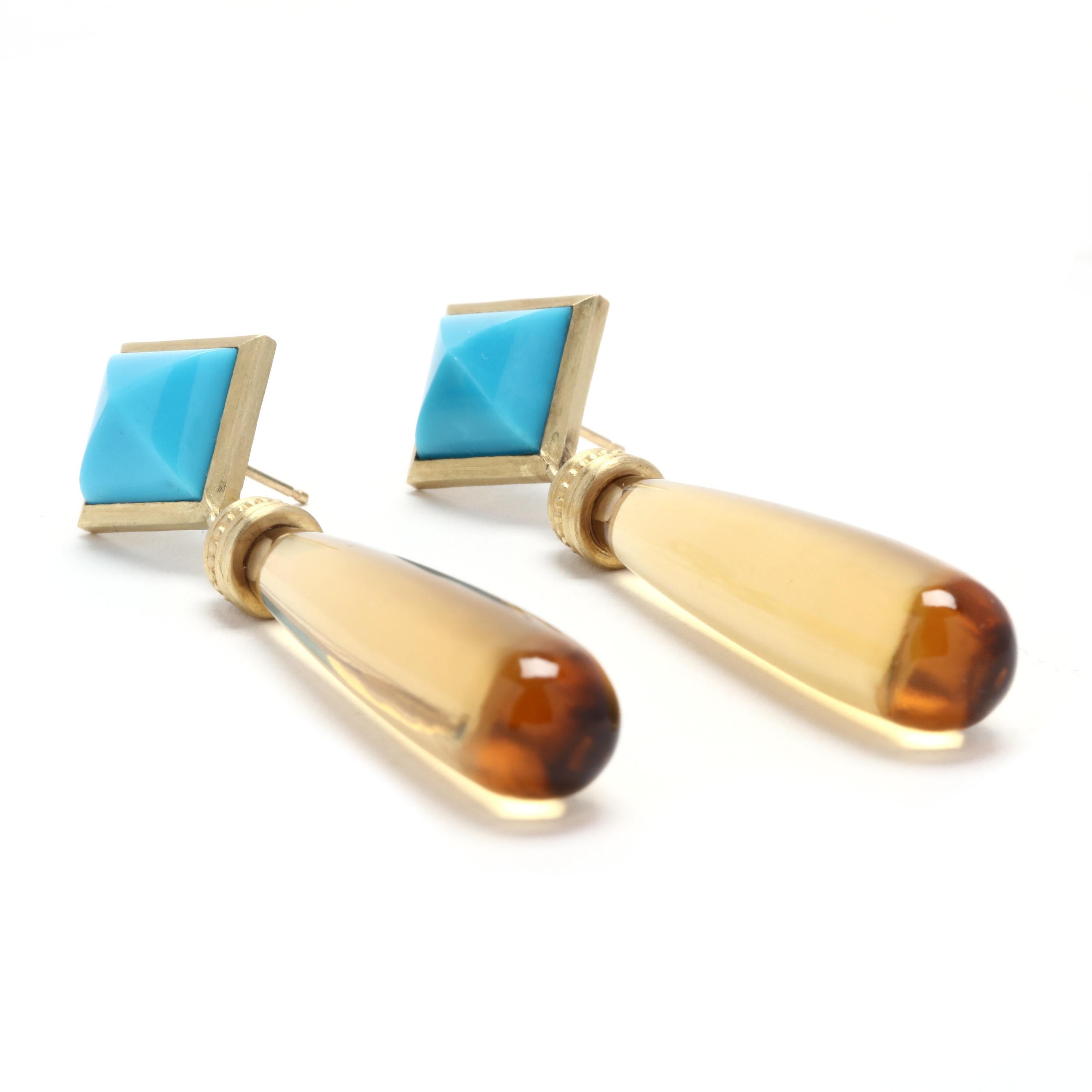 A pair of 14 karat yellow gold, turquoise and citrine dangle earrings. These earrings feature bezel set pyramidal turquoise stones set en pointe, each suspending an oblong tear shape citrine stone and with pierced push backs.

Stones:
- turquoise, 2