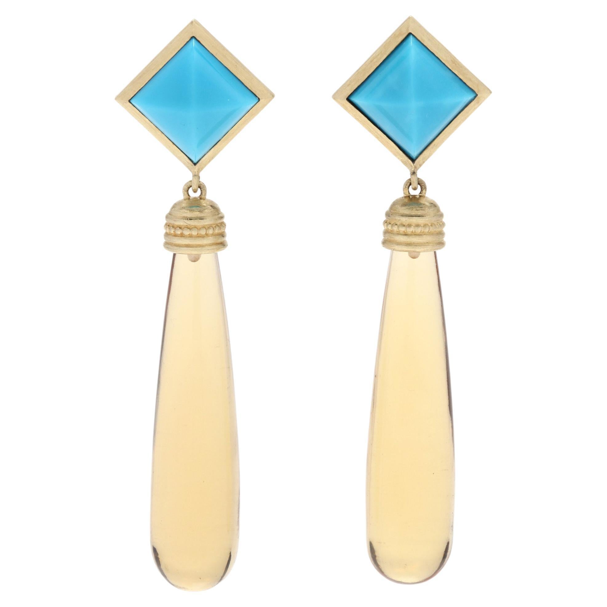 14K Yellow Gold, Turquoise & Citrine Dangle Earrings