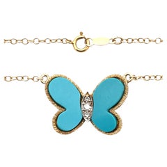 14K Yellow Gold Turquoise & Diamond Butterfly Necklace