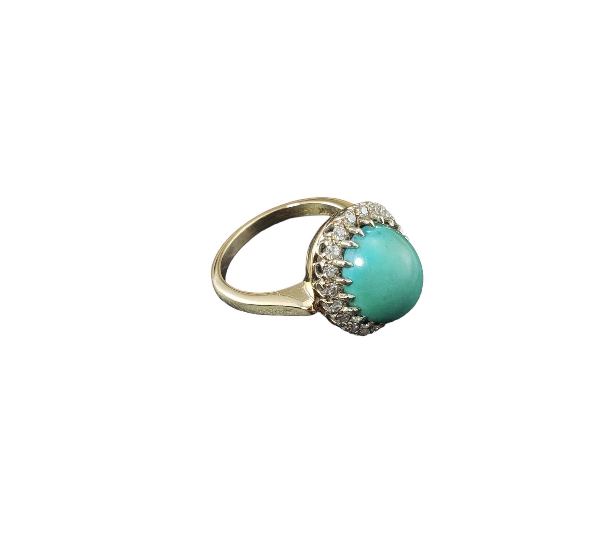 14K Yellow Gold Turquoise and Diamond Ring Size 6.5-6.75 JAGi Certifed-

This stunning ring features one oval cabochon cut turquoise stone (11.7mm x 9.7 mm) and 20 round single cut diamonds* set in classic 14K yellow gold.  

Width: 16 mm. Shank: 2