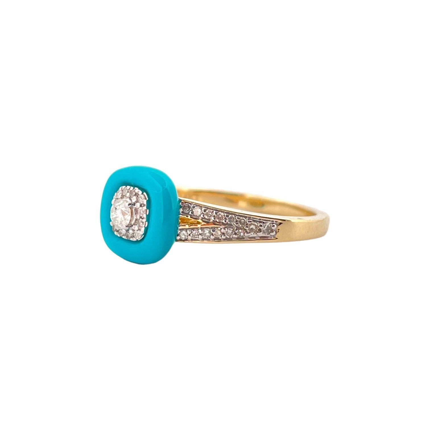 Elevate your style with our 14K Yellow Gold Turquoise Enamel Diamond Ring, a captivating piece that combines the elegance of yellow gold with the allure of turquoise and diamonds. Featuring a total carat weight (TCW) of 0.30 and weighing 3.86 grams,