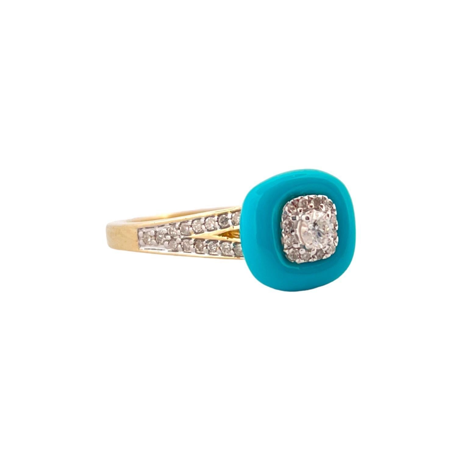 Modern 14K Yellow Gold Turquoise Enamel Diamond Ring - 0.30 TCW For Sale
