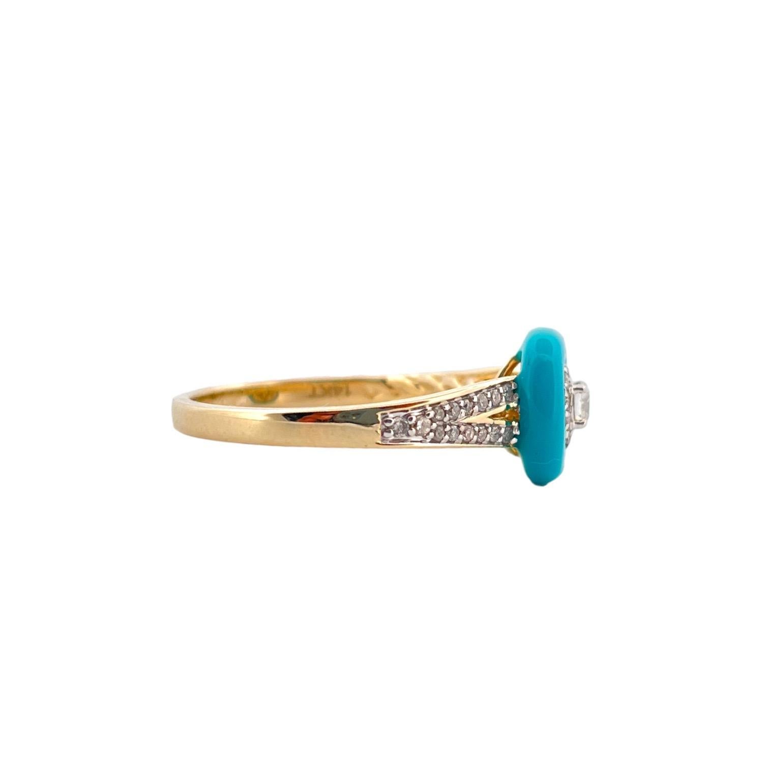 Round Cut 14K Yellow Gold Turquoise Enamel Diamond Ring - 0.30 TCW For Sale