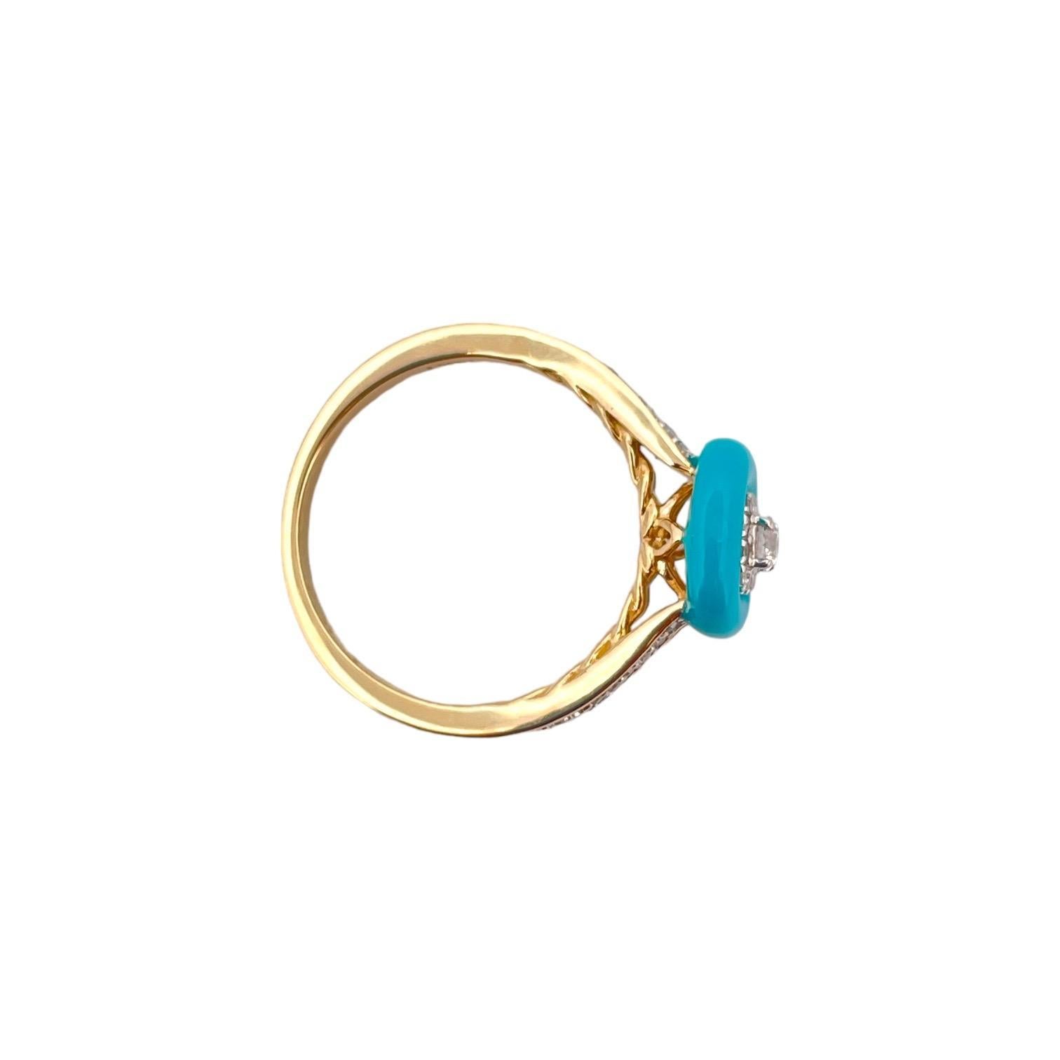 Women's or Men's 14K Yellow Gold Turquoise Enamel Diamond Ring - 0.30 TCW For Sale