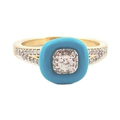 14K Yellow Gold Turquoise Enamel Diamond Ring - 0.30 TCW