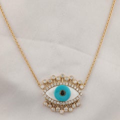 14K Yellow Gold Turquoise Evil Eye Natural Diamond Pendant Necklace