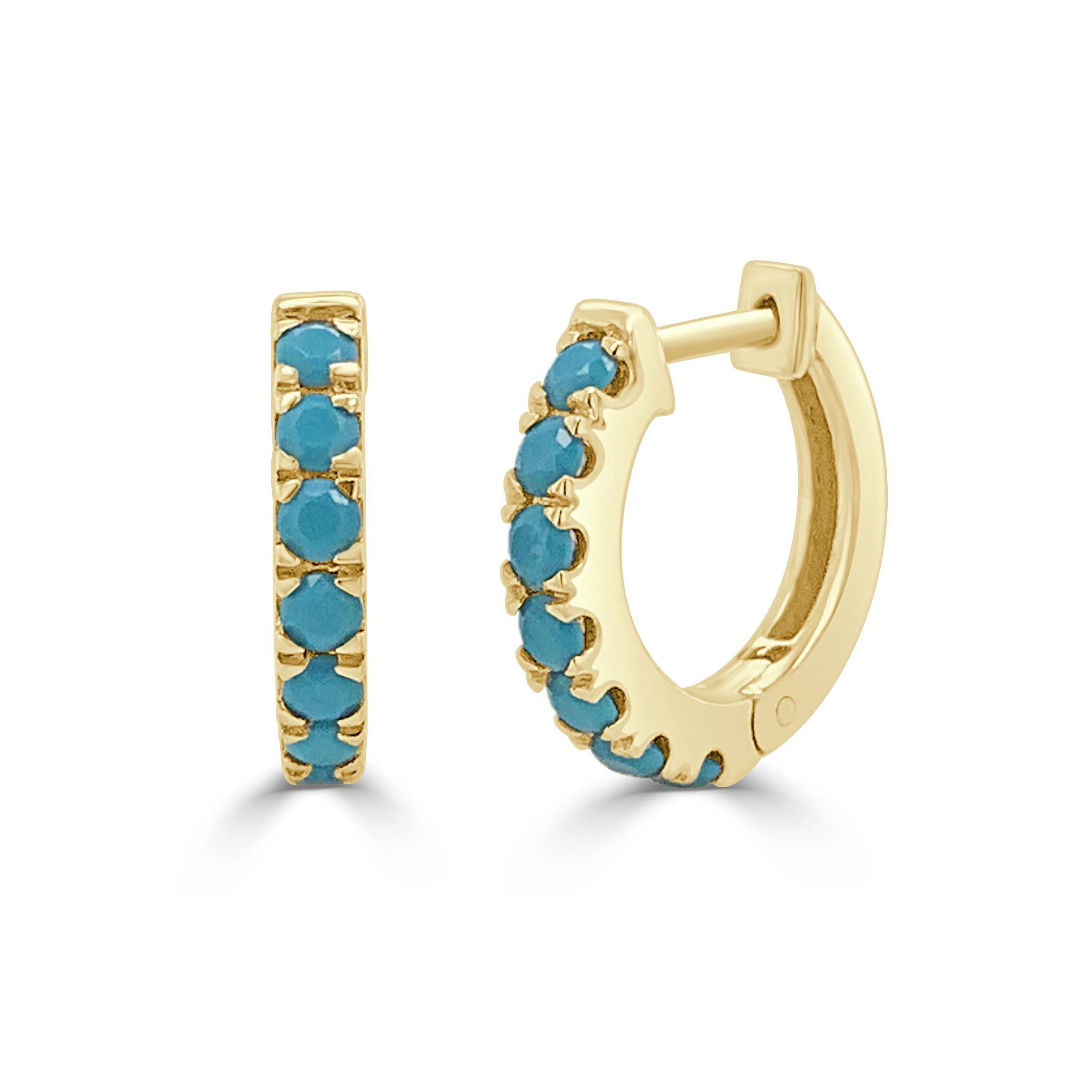 Quality Earrings Set: Made from real 14k gold , featuring a single line of 14 round blue turquoise 1/2