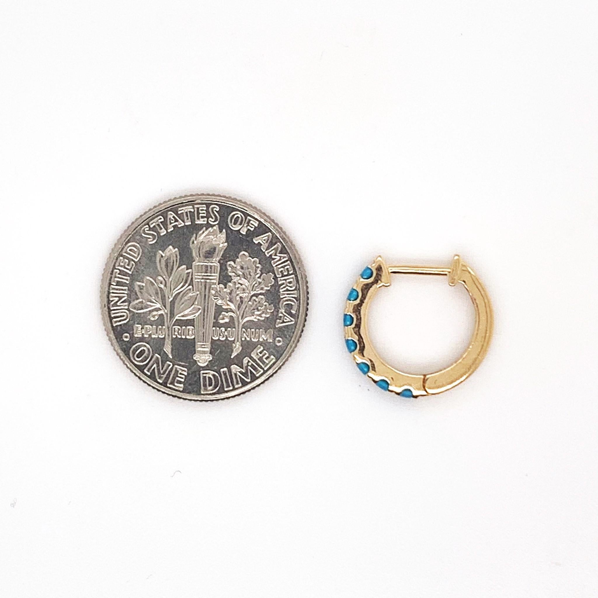 Round Cut 14k Yellow Gold Turquoise Huggie Hoop Earrings Gifts for Her For Sale