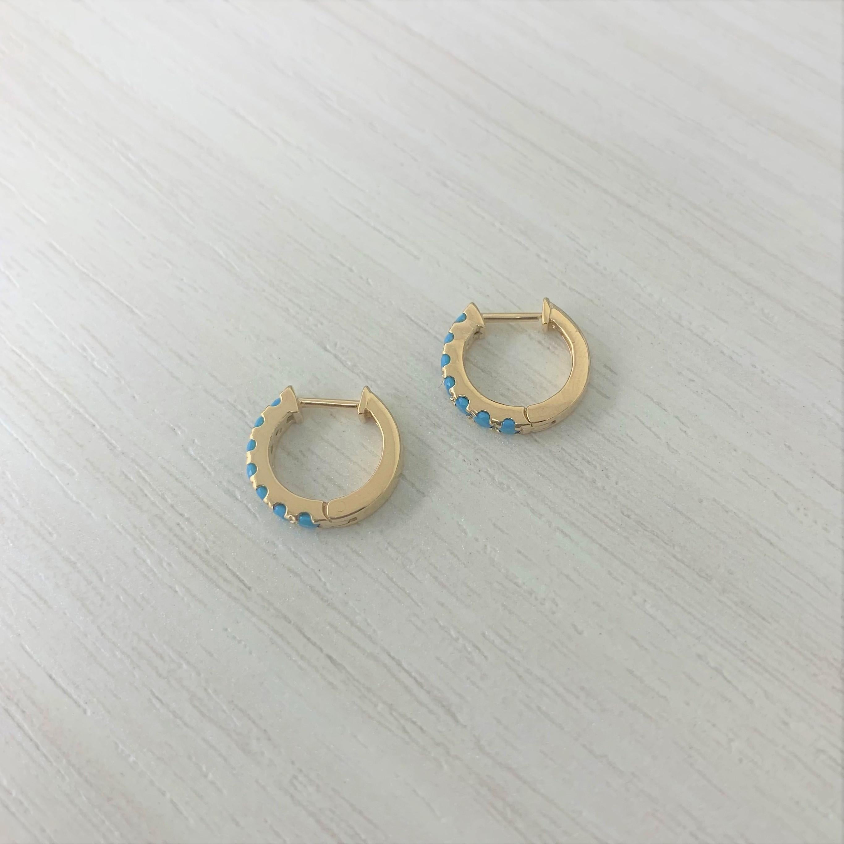 Women's 14k Yellow Gold Turquoise Huggie Hoop Earrings Gifts for Her For Sale