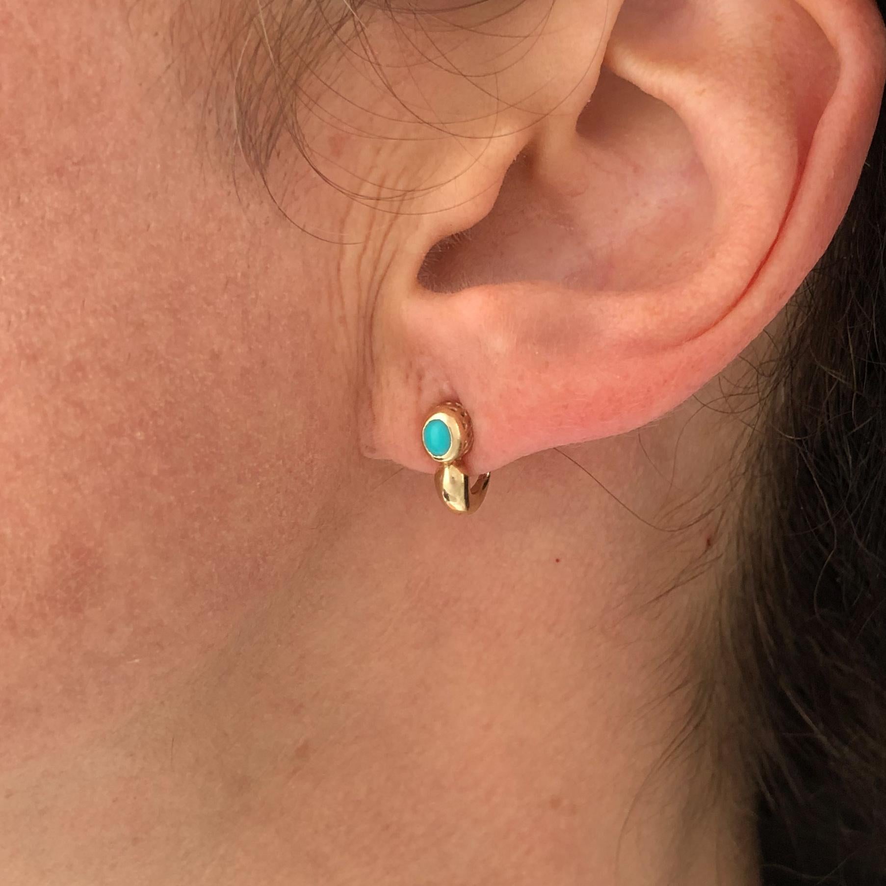 Cabochon 14 Karat Yellow Gold Turquoise Huggie Stud Earring For Sale