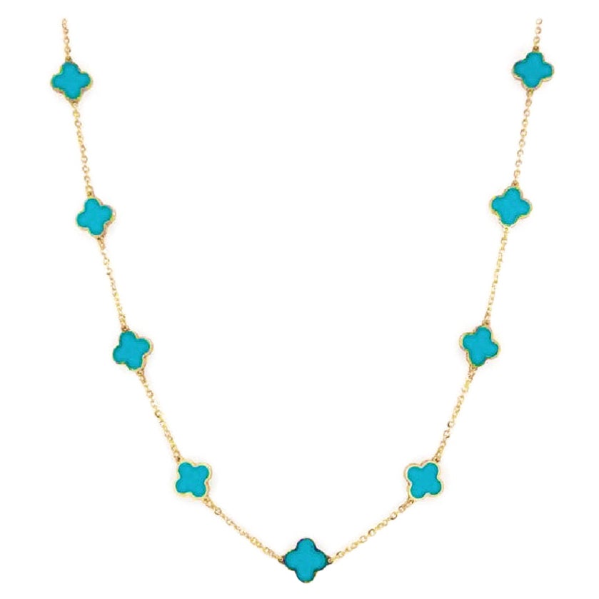 14k Gelbgold & Türkis Intarsien Kleeblatt-Halskette