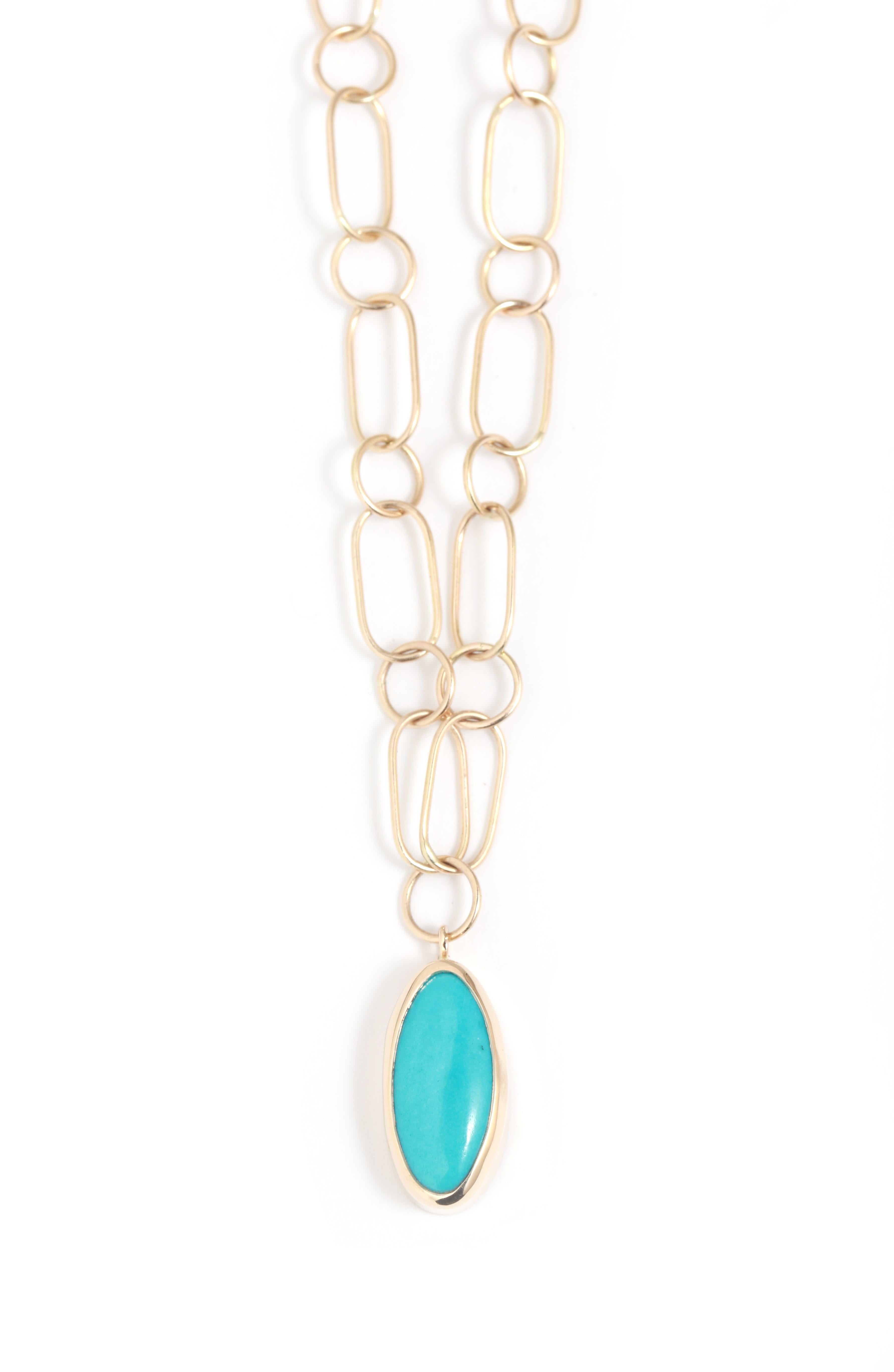 14k Yellow Gold Turquoise Necklace with Handmade Chain For Sale 2