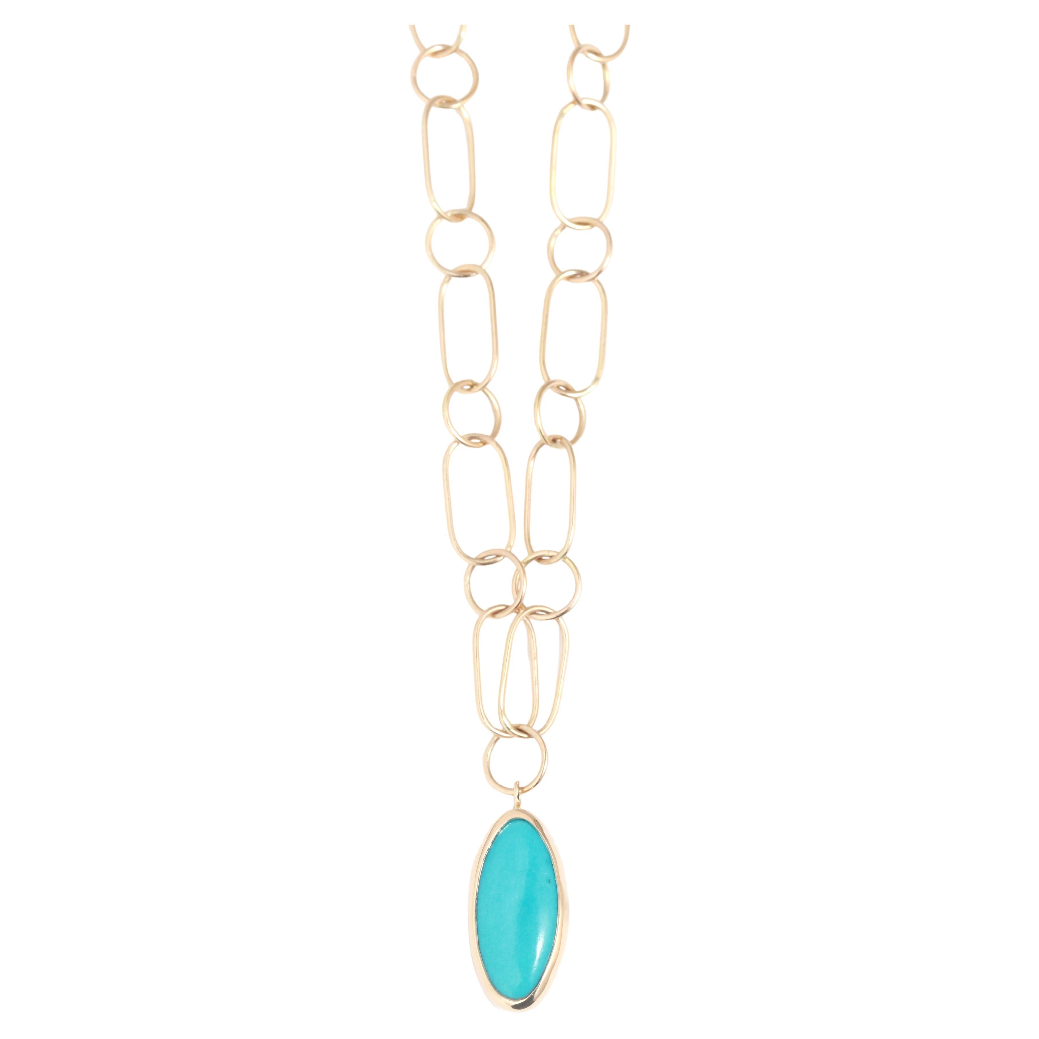 14k Yellow Gold Turquoise Necklace with Handmade Chain For Sale
