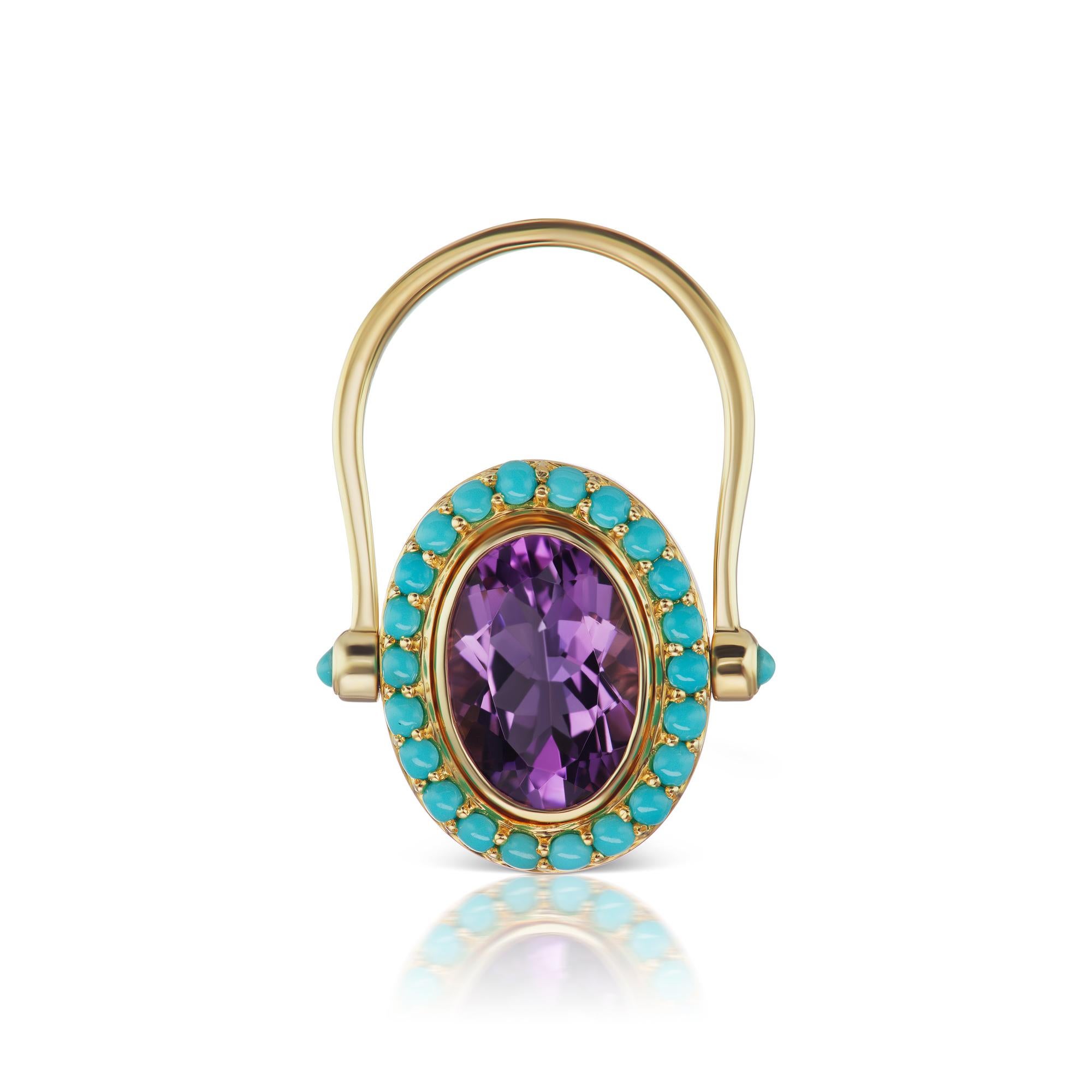 14k YG Turquoise Halo Ring with Amethyst Center (3.39cts.) and Turquoise Cabochon Shank (t.c.w. .766). 

Vintage inspired, this color combination is an all-time favorite.  

Style Note:   This one of a kind ring is a size 6.5 and can be sized.