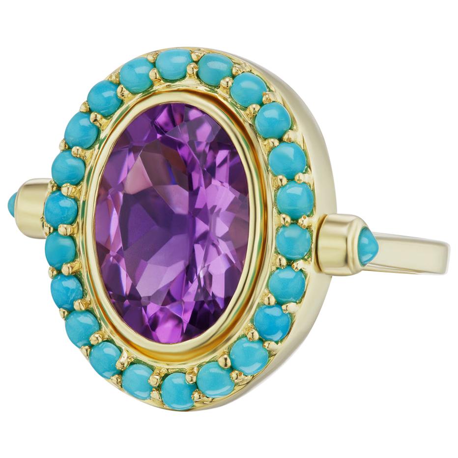 14 Karat Yellow Gold Turquoise Pave Halo And Amethyst Cocktail Ring At