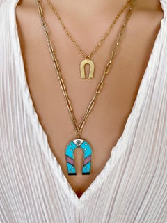 14K Yellow Gold Turquoise, Sapphire and Diamond Horseshoe Necklace