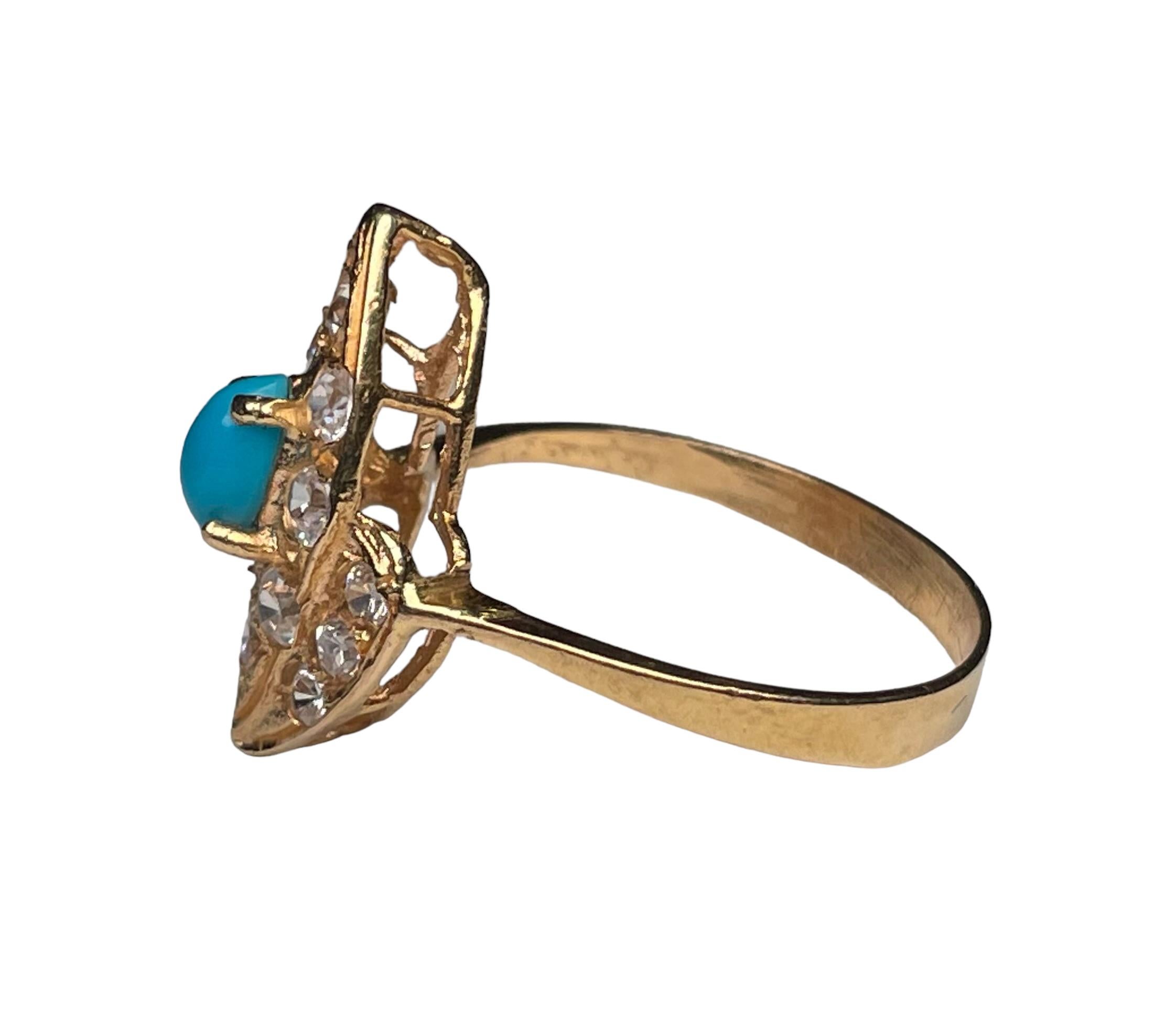 14K Yellow  Gold Turquoise Sapphires Cocktail Ring For Sale 7
