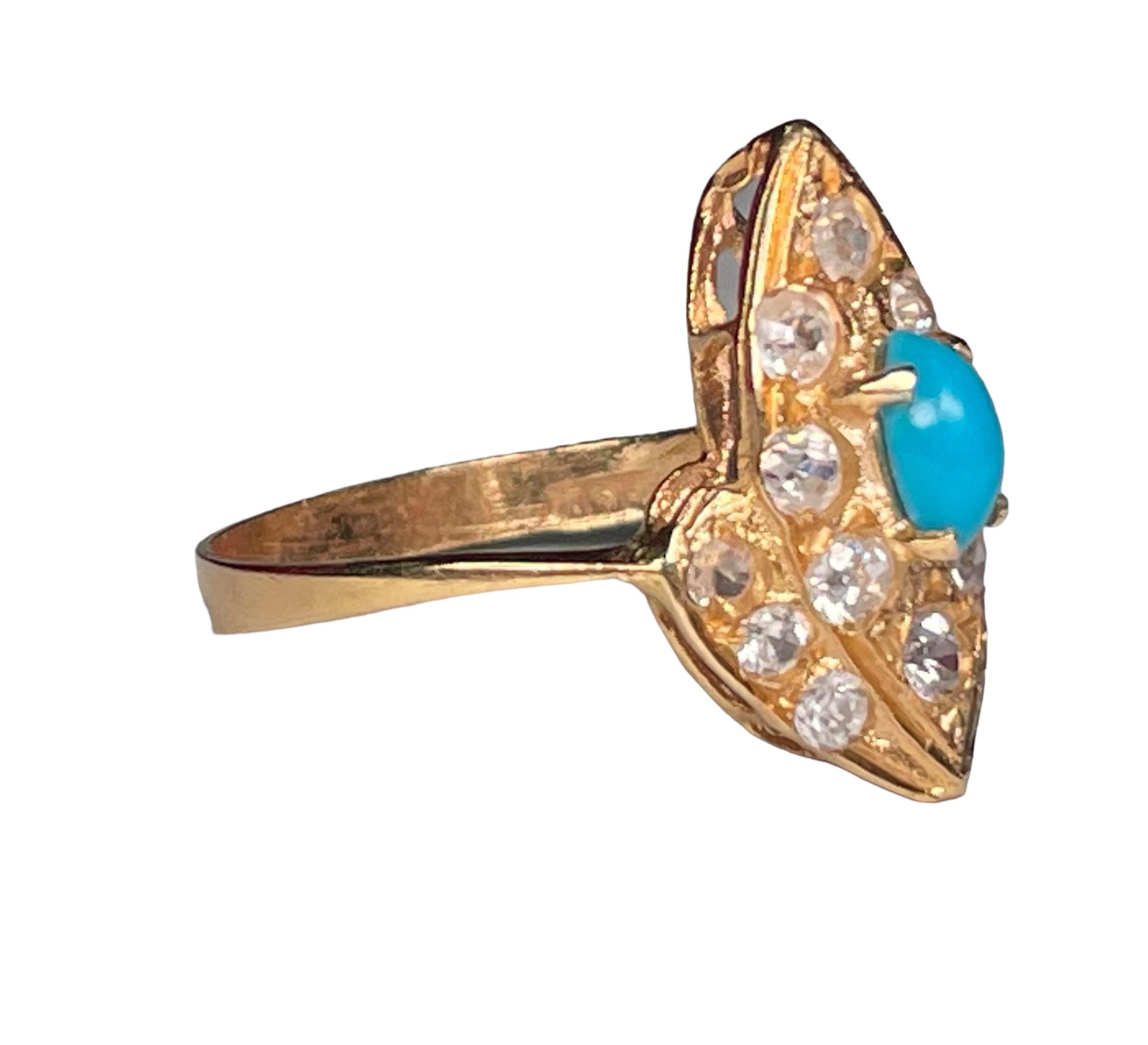 14K Yellow  Gold Turquoise Sapphires Cocktail Ring For Sale 13
