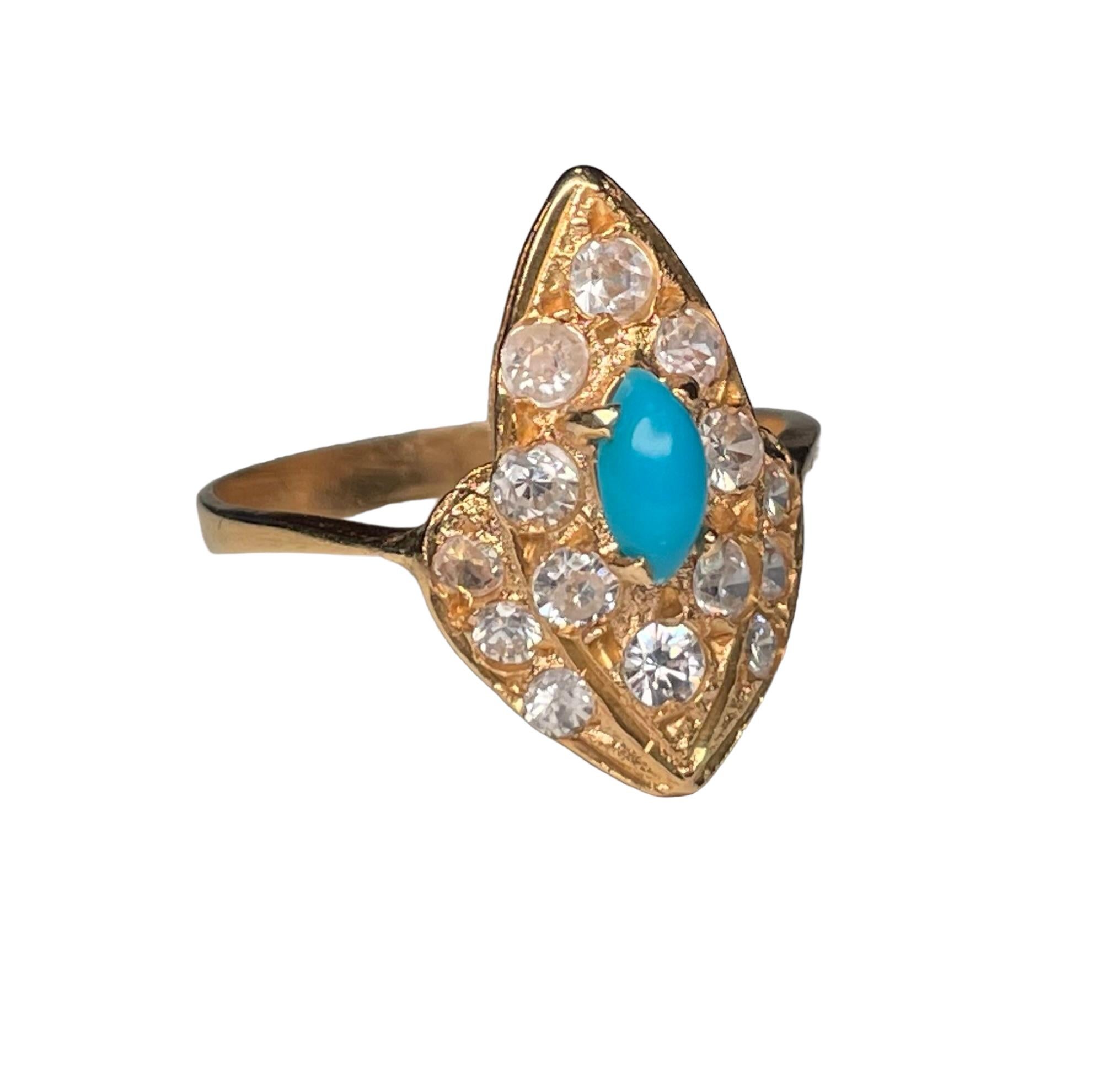 14K Yellow  Gold Turquoise Sapphires Cocktail Ring For Sale 14