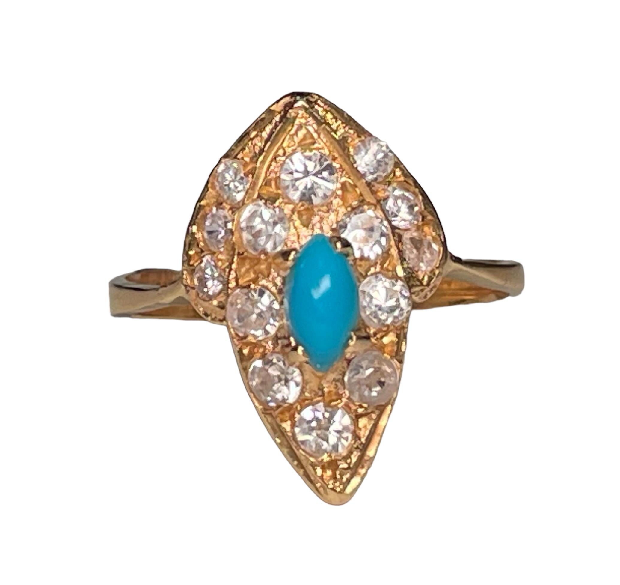 14K Yellow  Gold Turquoise Sapphires Cocktail Ring For Sale 3