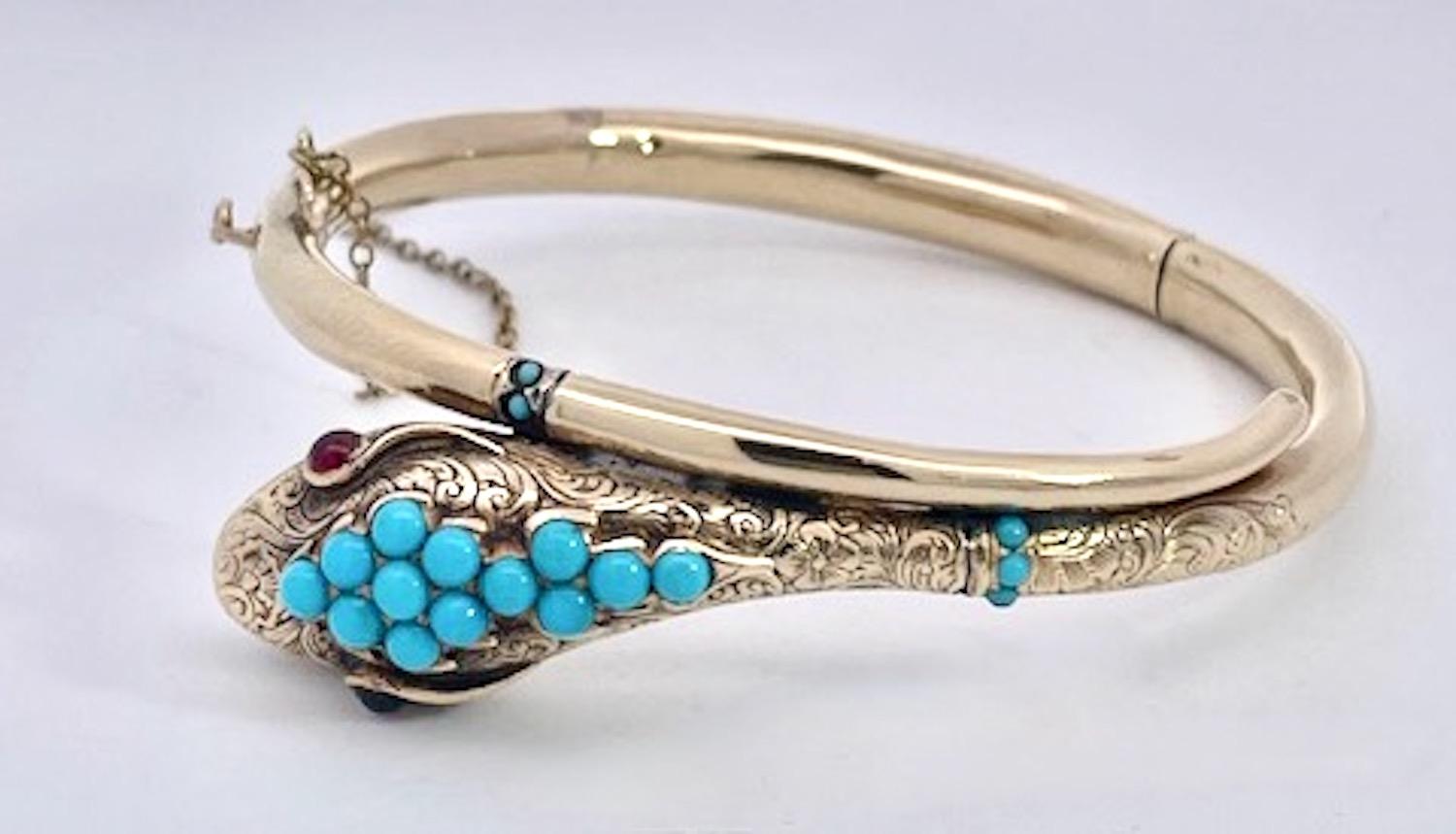 Art Nouveau 14K Yellow Gold Turquoise Snake bracelet