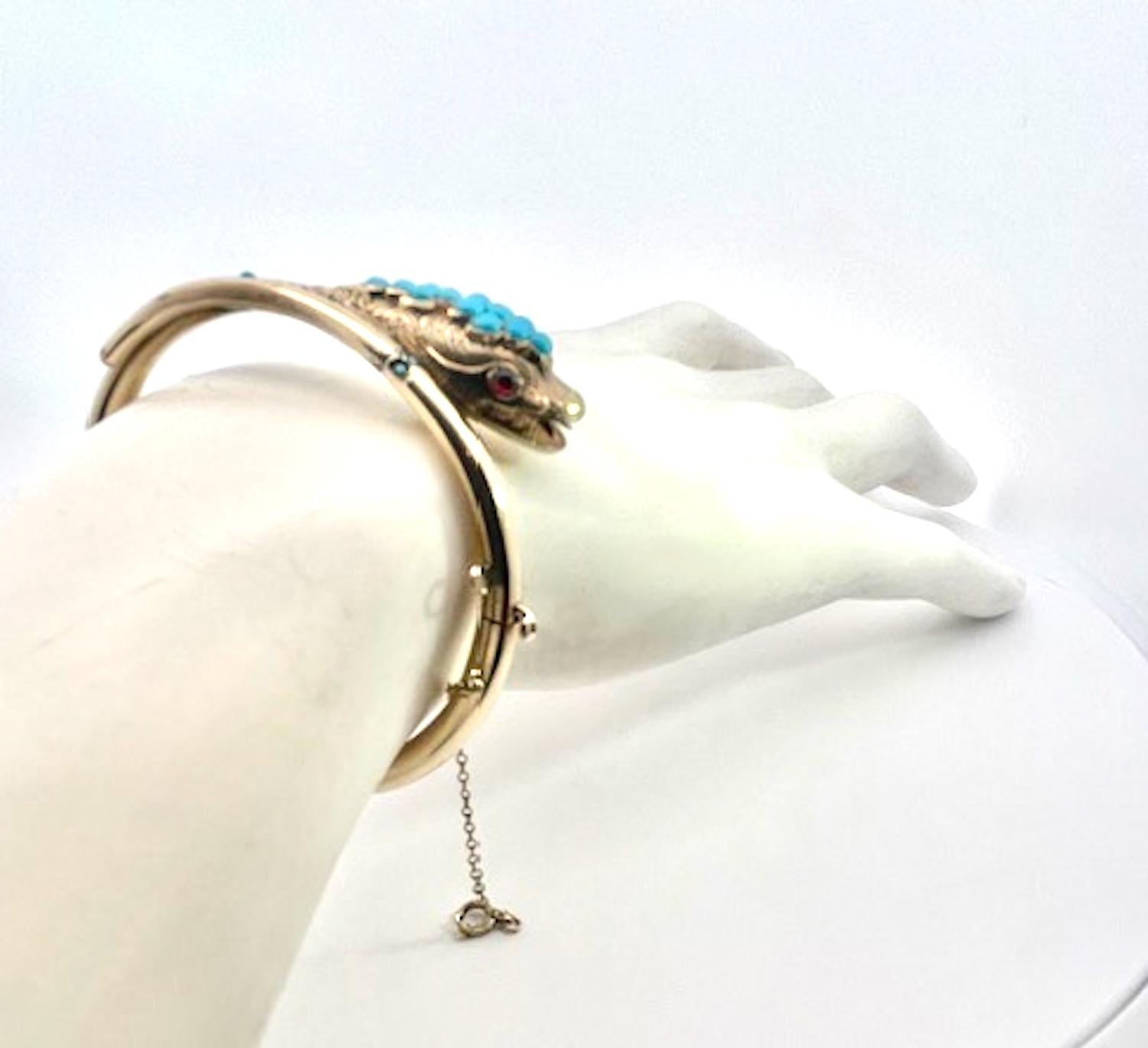Round Cut 14K Yellow Gold Turquoise Snake bracelet