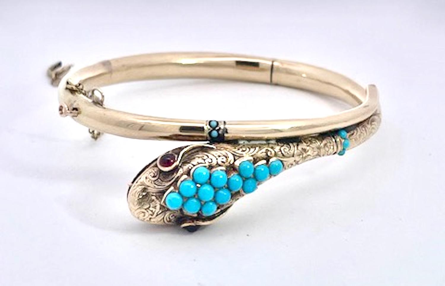 Women's or Men's 14K Yellow Gold Turquoise Snake bracelet