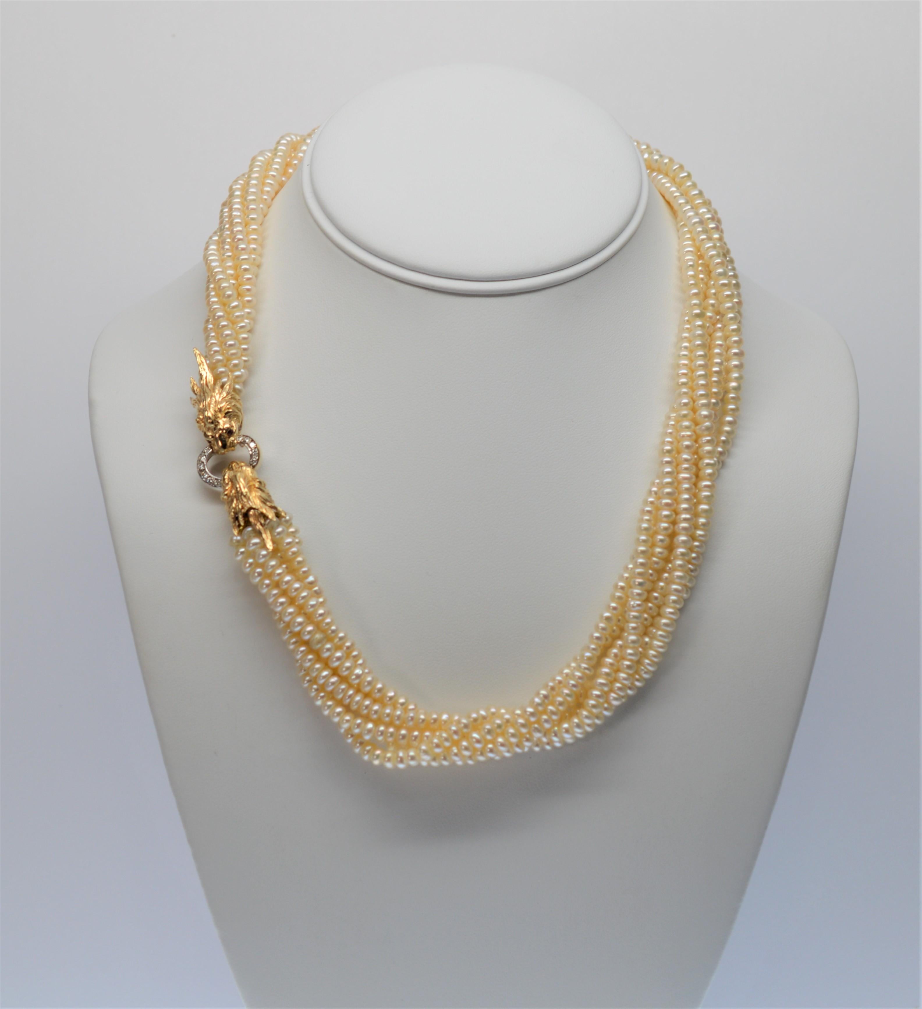14 Karat Yellow Gold Twin Lion Head Multi-Strand Akoya Pearl Necklace In New Condition In Mount Kisco, NY