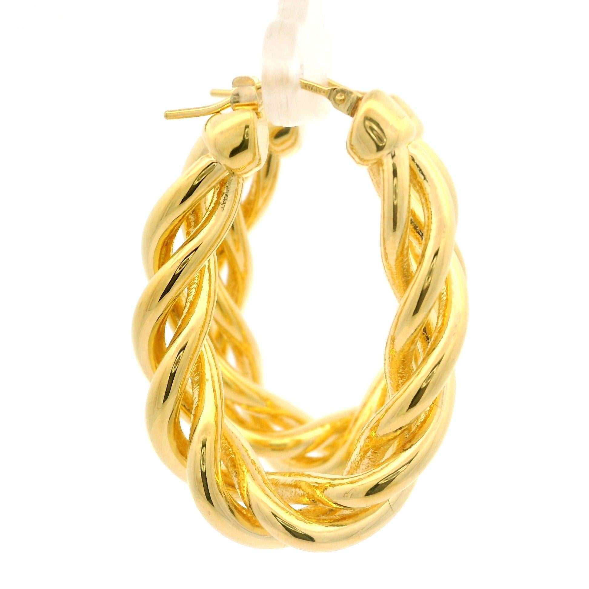 Women's 14k Yellow Gold Twisted Braided Polished Finish Hoop Snap Earrings For Sale