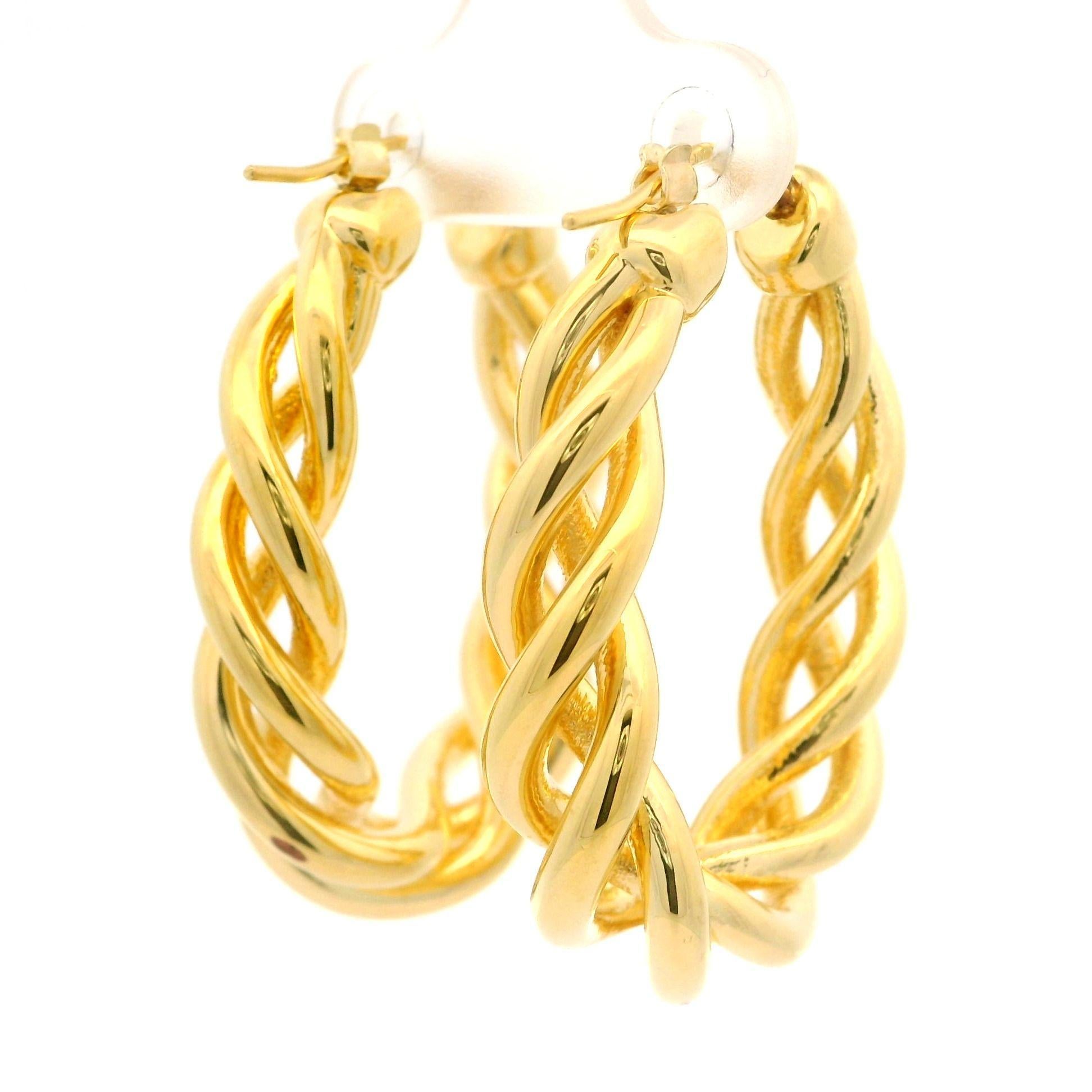 14k Yellow Gold Twisted Braided Polished Finish Hoop Snap Earrings For Sale 1