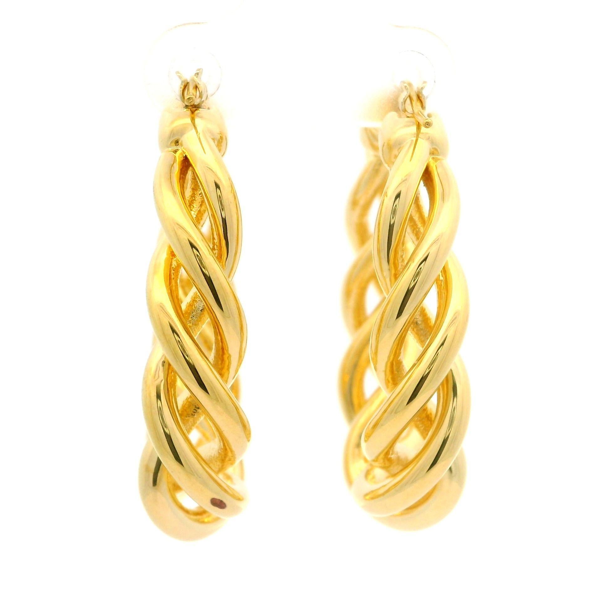14k Yellow Gold Twisted Braided Polished Finish Hoop Snap Earrings For Sale 2