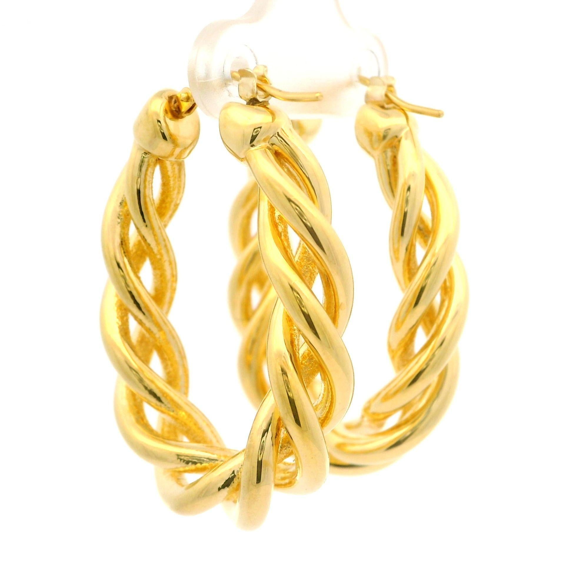 14k Yellow Gold Twisted Braided Polished Finish Hoop Snap Earrings For Sale 3