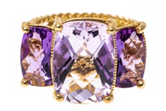 14k Yellow Gold Twisted Rope Three Stone Checkerboard Amethyst Ring