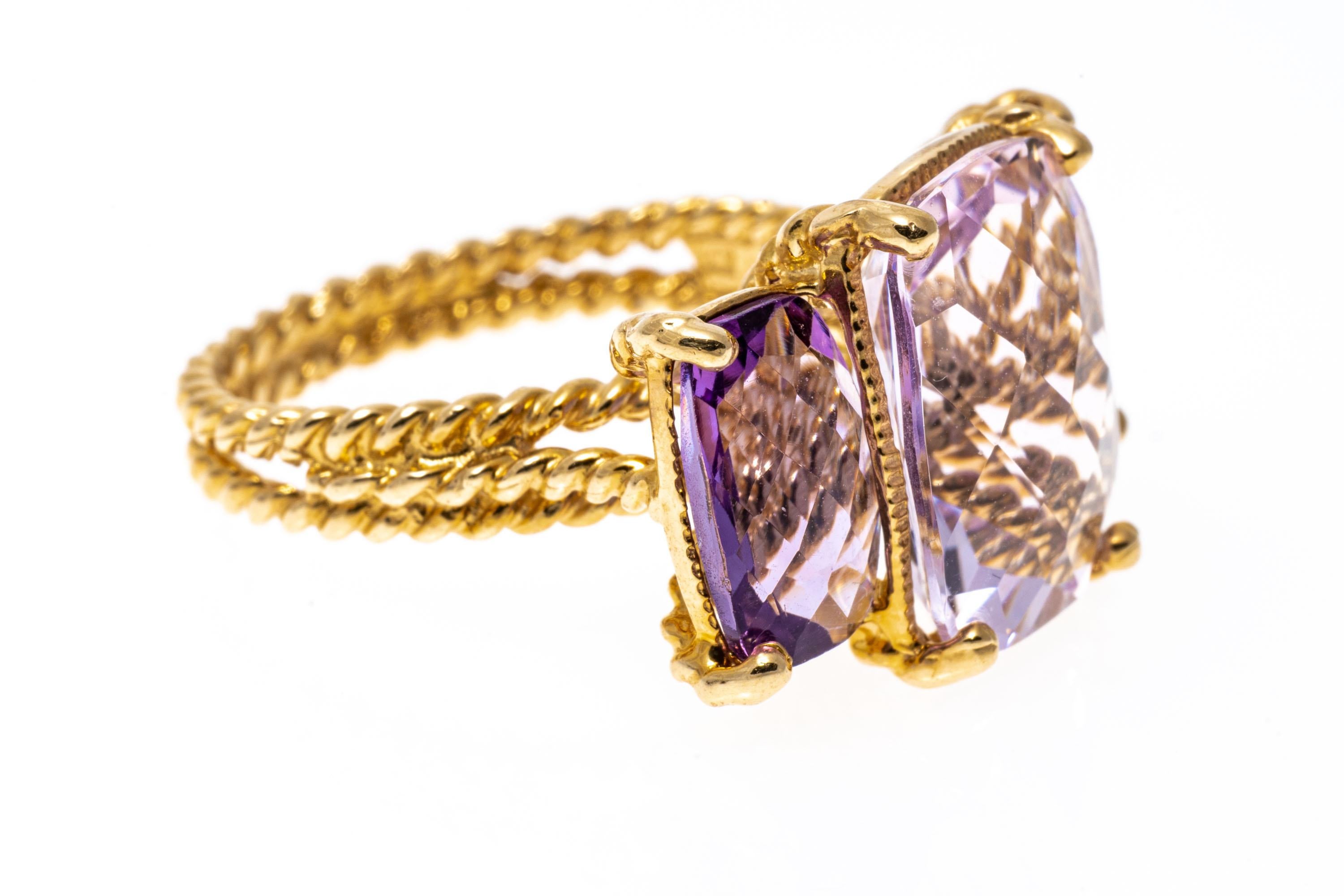 14k Yellow Gold Twisted Rope Three Stone Checkerboard Amethyst Ring In Good Condition For Sale In Southport, CT