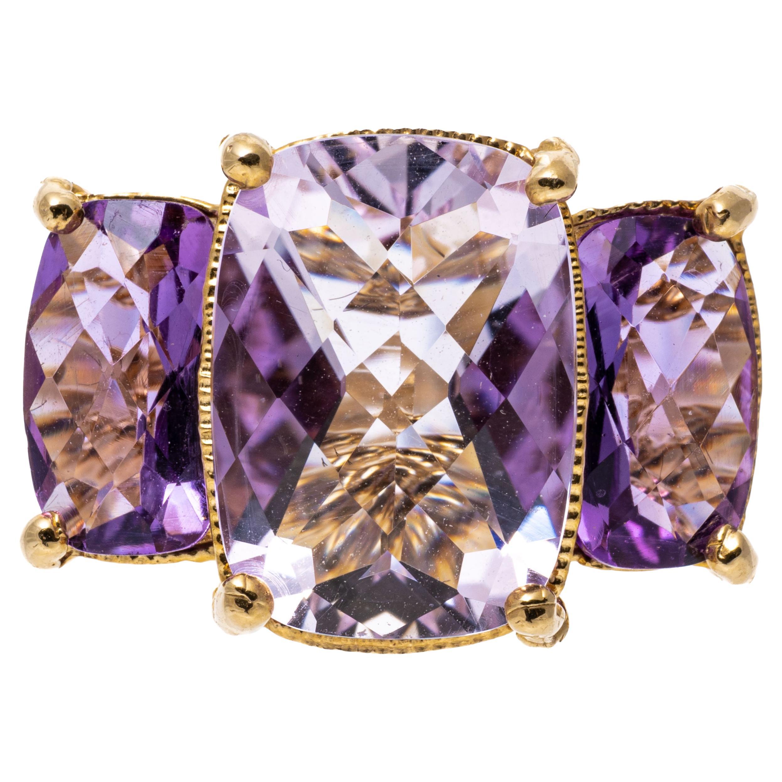 14k Yellow Gold Twisted Rope Three Stone Checkerboard Amethyst Ring For Sale