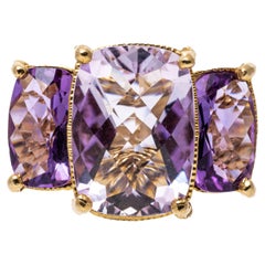 14k Yellow Gold Twisted Rope Three Stone Checkerboard Amethyst Ring