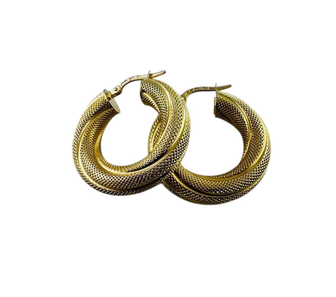 14K Yellow Gold Twisted Textured Hoop Earrings #20680 For Sale 2