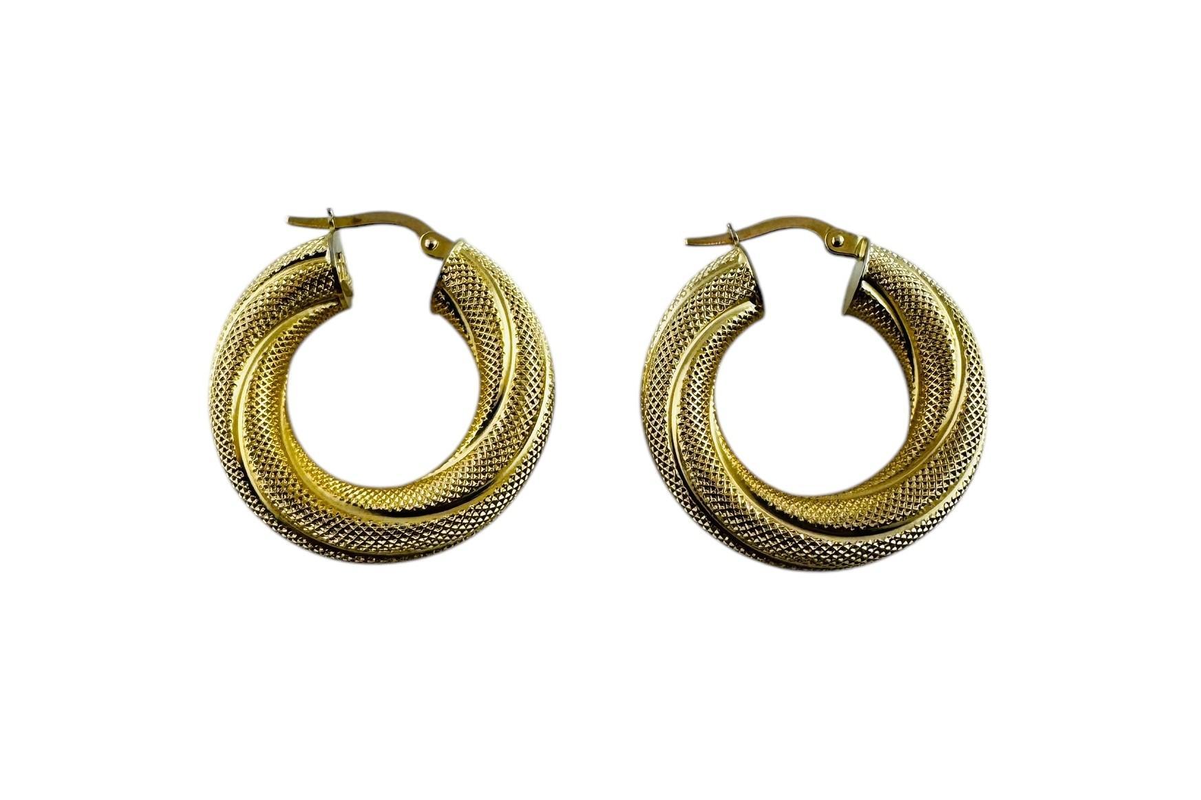 14K Yellow Gold Twisted Textured Hoop Earrings #20680 For Sale