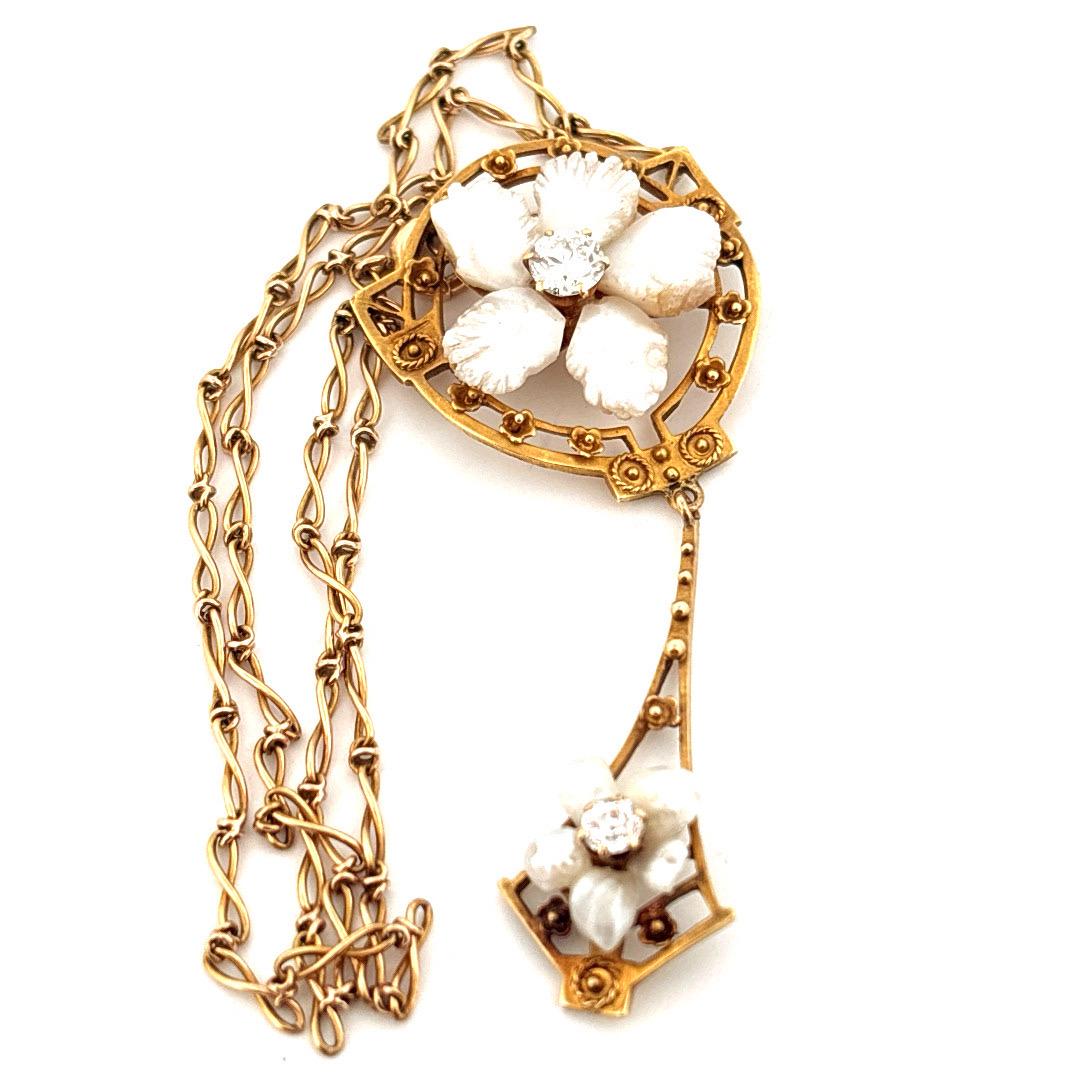 14K Gelbgold Gedrehte Weizenkette Perle & 0,32 Karat Diamant Halskette im Angebot 4