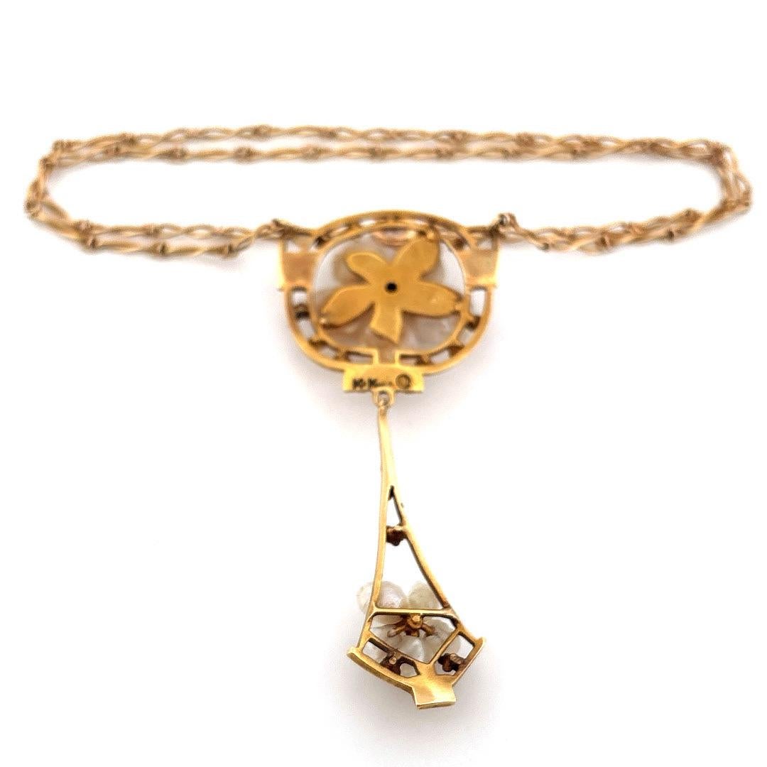 14K Gelbgold Gedrehte Weizenkette Perle & 0,32 Karat Diamant Halskette (Art nouveau) im Angebot