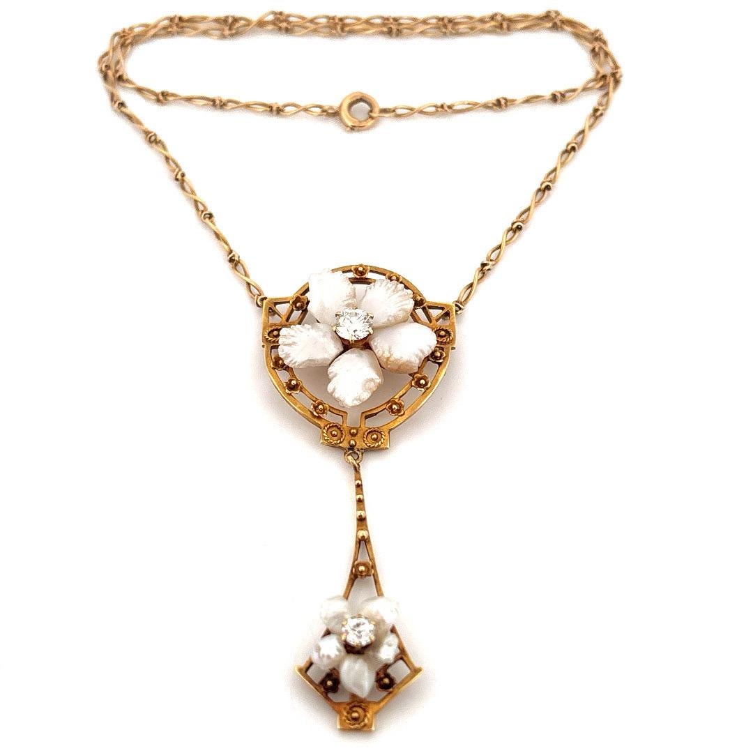 14K Gelbgold Gedrehte Weizenkette Perle & 0,32 Karat Diamant Halskette (Rundschliff) im Angebot
