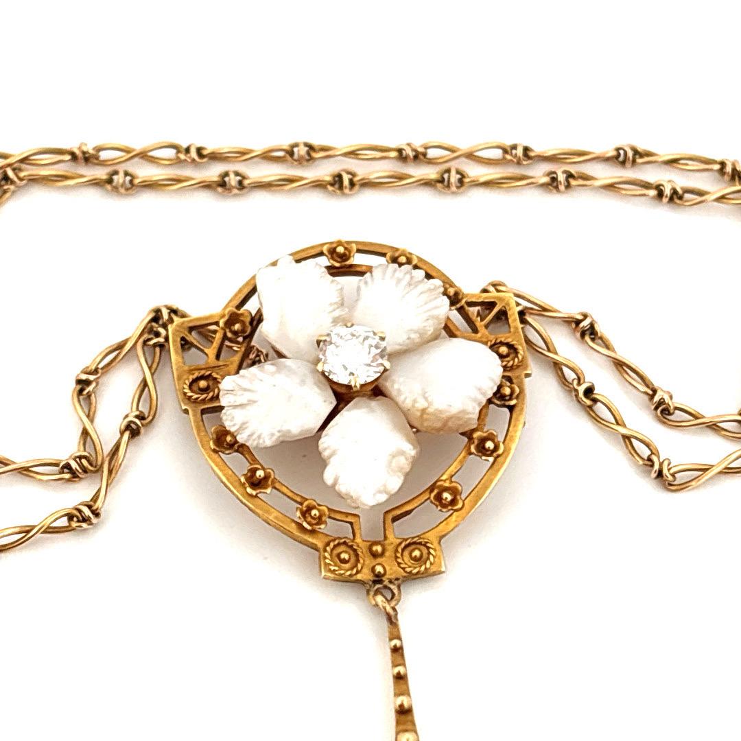 14K Gelbgold Gedrehte Weizenkette Perle & 0,32 Karat Diamant Halskette im Angebot 1
