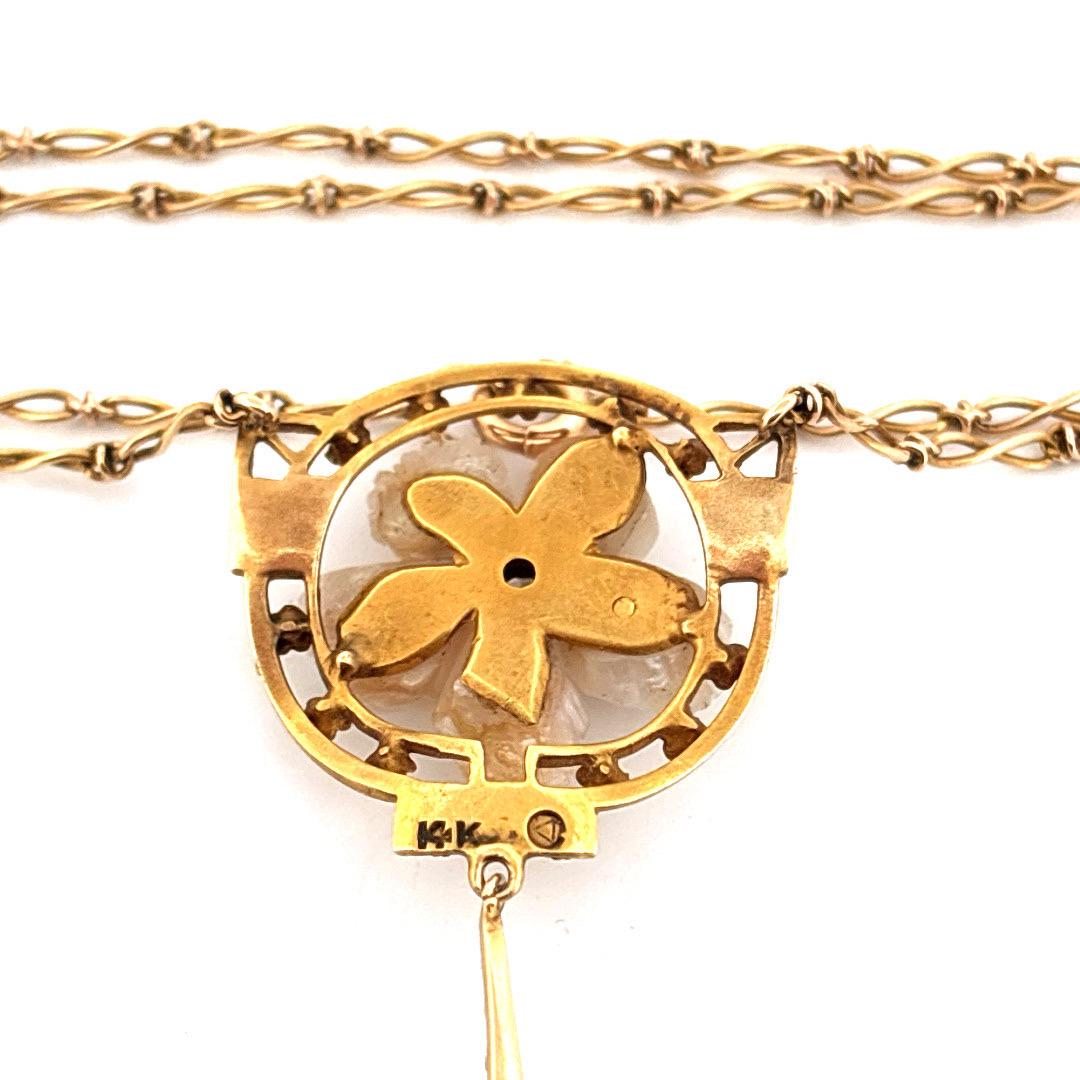 14K Gelbgold Gedrehte Weizenkette Perle & 0,32 Karat Diamant Halskette im Angebot 3