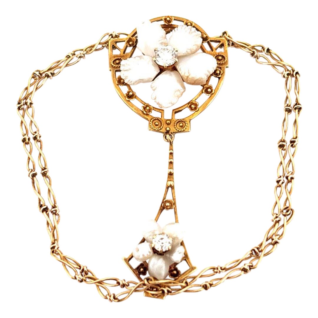 14K Gelbgold Gedrehte Weizenkette Perle & 0,32 Karat Diamant Halskette im Angebot