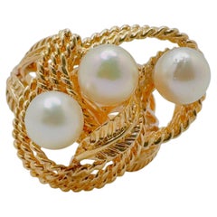 14K Yellow Gold Twisted Wire Three Cultured Pearl Ring, 1980s USA