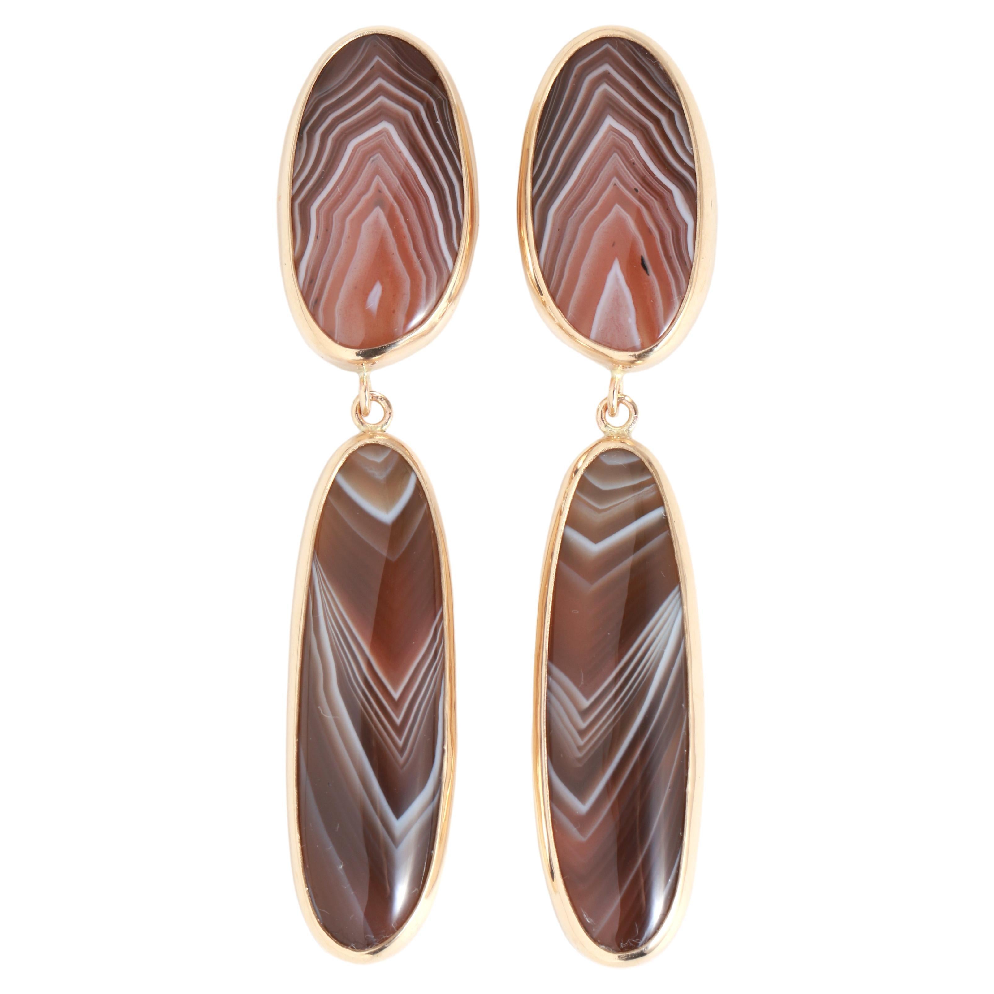 14k Yellow Gold Two Drop Lace Agate Earrings