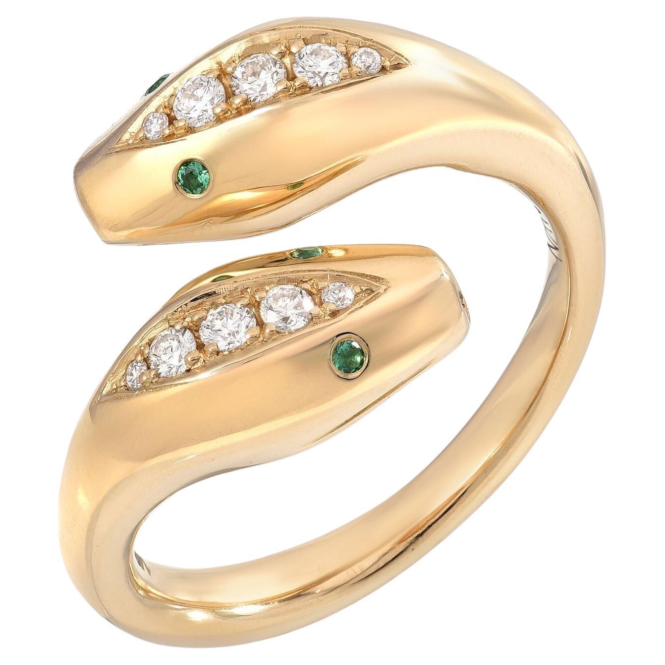 Round Cut House of RAVN, 14k Gold 2 Headed Serpent Wrap Ring w/ Emerald & Diamond details For Sale