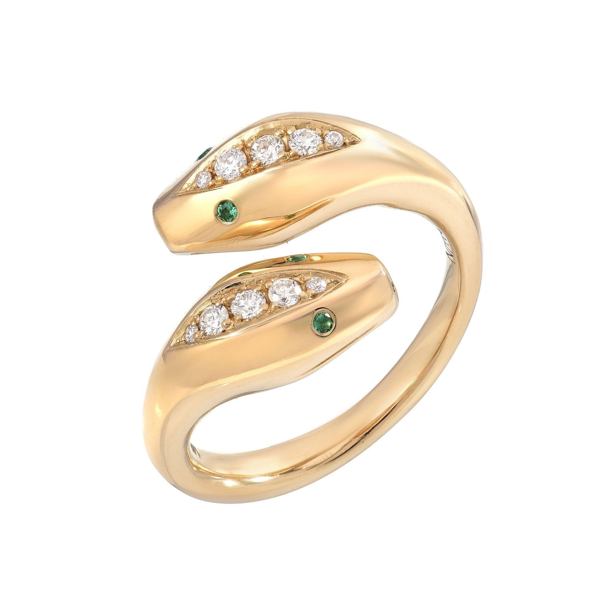 Round Cut House of RAVN, 14k Gold 2 Headed Serpent Wrap Ring w/ Emerald & Diamond details For Sale