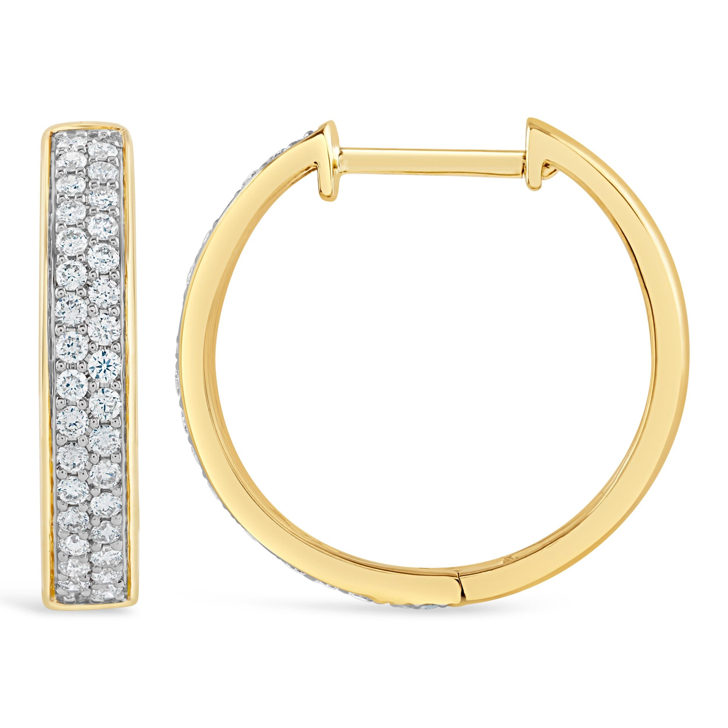 14K Yellow Gold Two Row Diamond Hoop Earrings 16mm In New Condition For Sale In New York, NY