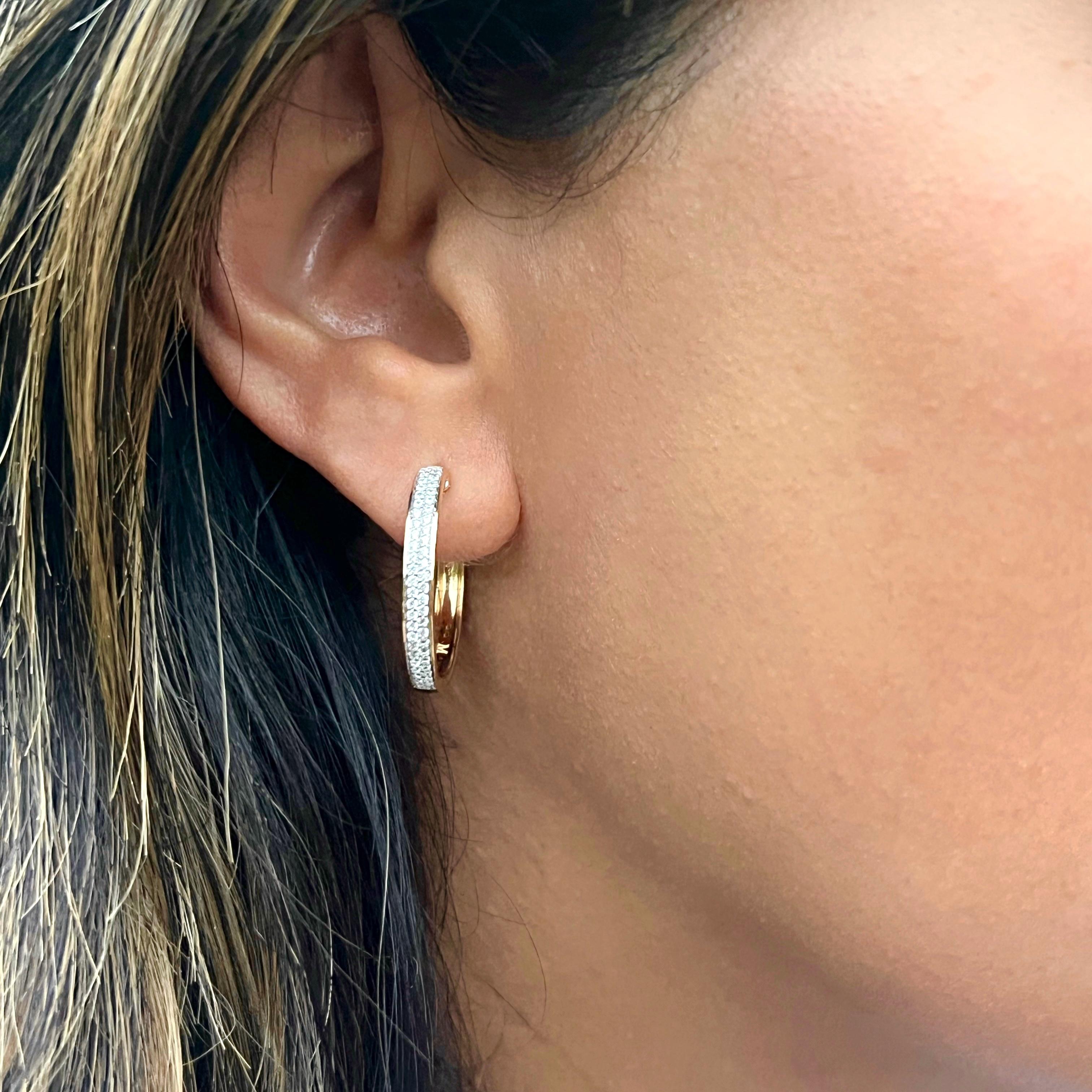 Elevate your everyday style with this diamond and 14k gold hoop earrings and huggies. As the perfect piece to wear every day, these hoops are an Essential for your jewelry collection. The hoops feature two rows of diamonds that give an extra sparkle